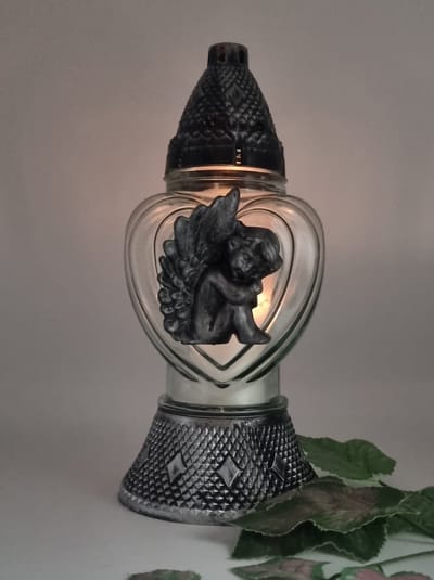 Herdenkingslicht - P39 - Engel - Hart - Zilver - Grafkaars - Graflicht - Graflantaarn – Grafdecoratie - Windlicht