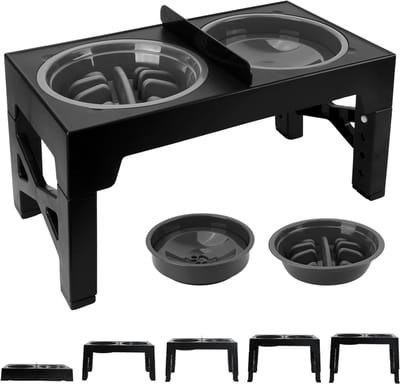 Dailygoods - Verhoogde hondenbak, 2-in-1 verhoogde hondenbak met slowfeeder, niet-morsen langzaam water kom 1100 ml, 5 in hoogte verstelbaar, zwarte verhoogde hondenbakken voor kleine, middelgrote en grote