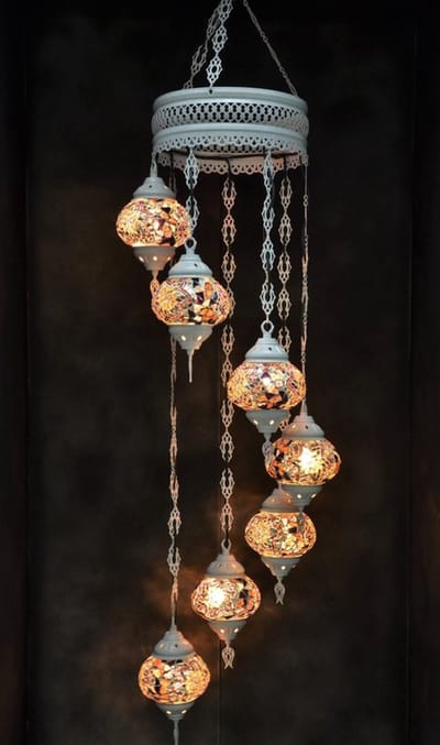 Hanglamp multicolour glas mozaïek Oosterse lamp kroonluchter Crèmewit 7 bollen