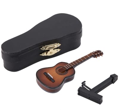 Dailygoods- Miniatuur Gitaar 14 cm - Houten Decoratie - Muziekinstrument - Poppenhuis Ornament - Cadeau - Inclusief Stand - Decoratieve Gitaar