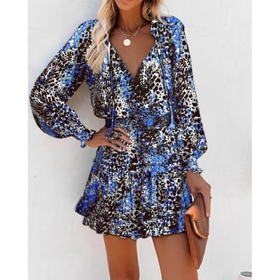 Populaire Damesmode Trend Gedrukte V-hals Taille Lange Mouwen Jurk XXL