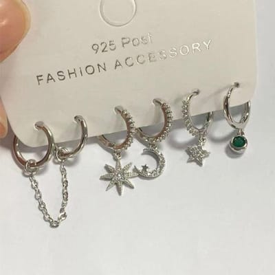 Schitterende Maan Ster Dubbele Oorgaatjes Oorbellen Sets Mozaïek Kubieke Zirconia Ring Oorbellen Voor Vrouwen 5-Delige Sets S -E1091
