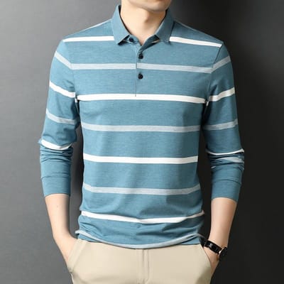 Lente en Herfst Nieuw Heren T-shirt met Lange Mouwen Trendy Koreaanse Stijl Jeugd Casual Zakelijk Gestreept Revers Basis Polo Shirt voor Heren XXXL gray