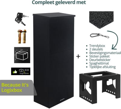 Logixbox - Pakketbrievenbus deur Achterkant - Pakketbox Trendybox incl. complete Montagezuil - Vrijstaande Brievenbus - GRATIS Stickerset - Spaghettimat + Extra beveiliging -Zwart