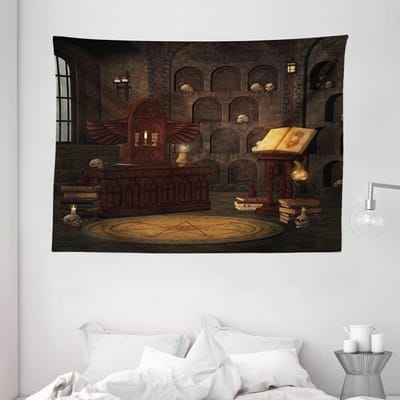 ABAKUHAUS Gotisch wandtapijt en sprei, tovenaars met schedels, 230 x 140 cm, bruinbruin