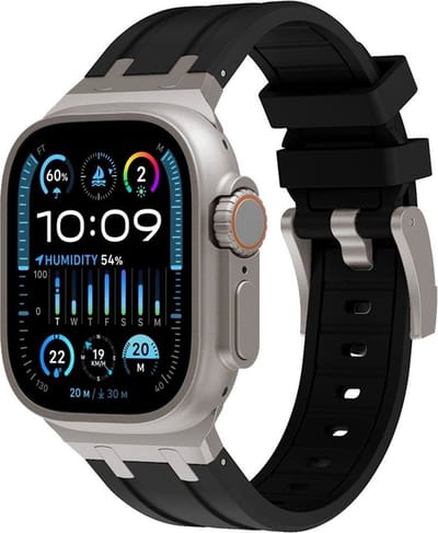 Strap-it luxe liquid siliconen bandje geschikt voor de Apple Watch 1/2/3/4/5/6/8/9/10/11/SE(2-3)/Ultra(2-3) in de maat: 44mm / 45mm / 46mm / 49mm - luxe rubberen iWatch sport bandje met titanium aansluiting (zwart met titanium)
