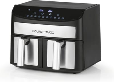 GOURMETmaxx Dubbelkamer Airfryer 2x 3,5L - Roestvrij staal | Airfryer Oven met synchroon-kookzones, timerfunctie & touchdisplay | energiezuinig frituren | 10 programma's | 2400 watt | heteluchtoven