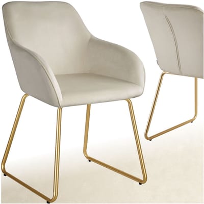 tectake® - Eetkamerstoel Jeane - Met doorlopende rugleuning en armleuning - Kuipstoel met fluwelen bekleding - Stijlvolle keukenstoel voor eetkamer of woonkamer - Slipvrije en vloerbeschermende voetjes - Crème/goud