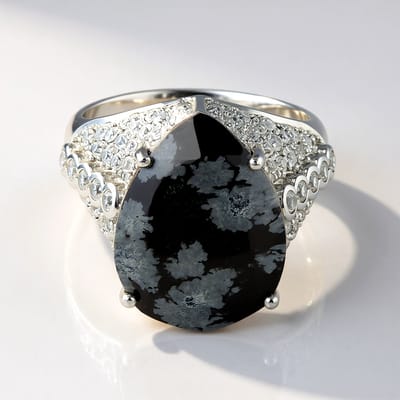 Cavill - Zilveren Ring 925 Sterling met 6.92 ct Peervormige Sneeuwvlokken Obsidiaan en Cambodjaanse Zirkoon - Elegante, Moderne Ring