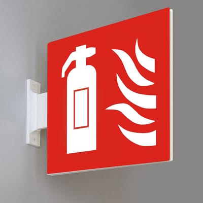 Bord Brandblusser – Dubbelzijdig Uithangbord (Flag Sign) – Brandblus pictogram – Zichtbaar vanuit meerdere Richtingen – Wand of Plafond – 15 x 15 cm – 3D-geprint