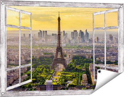 Gards Tuinposter Doorkijk Skyline van Parijs met de Eiffeltoren - 90x60 cm - Tuindoek - Tuindecoratie - Wanddecoratie buiten - Tuinschilderij