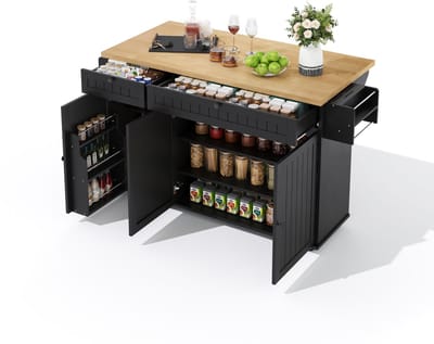 Kookeiland met opklapbaar werkblad, Keukenkast op 6 vergrendelbare wieltjes, met opbergvak, deurrek, 2 grote lades en kast, Zwart, 137 x 89,5 x 45 cm