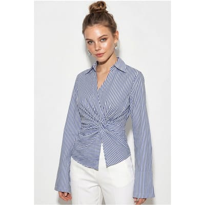 Getailleerde gestreepte poplin blouse met strikdetail