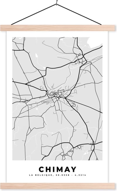 Posterhanger incl. Poster 40x60 cm - Schoolplaat - Zwart Wit – België – Plattegrond – Stadskaart – Kaart – Chimay - Textielposter - Blanke latten - Stadskaart