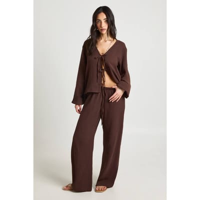 boohoo Dames Wijde Broek Van Kaasdoek | Chocoladebruin | Maat: 36