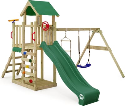 Wickey MultiFlyer Light Speeltoestel - Speeltoren met Schommel en Glijbaan - Inclusief Zandbak en Touwladder - 371x272x252 cm - Groen