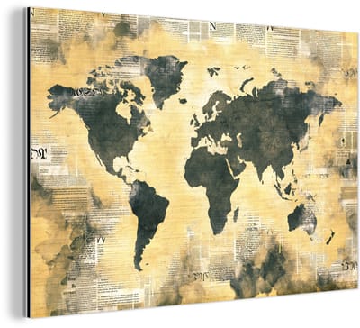 Aluminium schilderij 150x100 cm - Wanddecoratie metaal - Wereldkaart - Gouden - Kranten - Metalen muurdecoratie woonkamer - Decoratie industrieel - Foto op dibond - Industriële accessoires slaapkamer