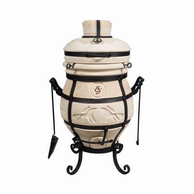 Tandoor Samovar (klapdeksel) – Keramische houtgestookte buitenoven, verticale Kamado voor vlees, groenten en brood – Met 12 XL-spiesen & accessoires – 5 cm dikke wanden voor perfecte warmteopslag – 98 cm – 108 kg - 48L *** Met beschermhoes