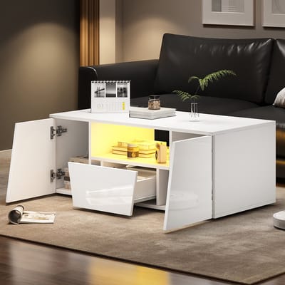BLACKCOLORS Salontafel 100*50*40 cm, salontafel met ledverlichting, glanzende salontafel met 2 kasten, bijzettafel, salontafel met 1 lade, onregelmatig ontwerp, wit