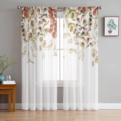 Rideaux voilages feuilles d'eucalyptus d'automne pour décoration de salon Rideaux de fenêtre pour cuisine Voilages Tulle Voile Organza W135 x H115cm x1 white