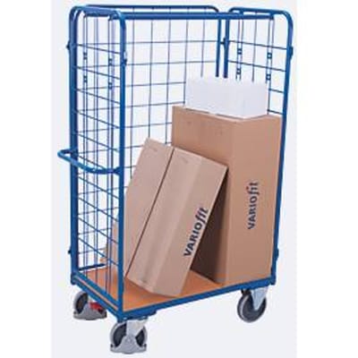 Driewandwagen, staal/MDF-plaat, decor gentiaanblauw/beuken, L 850 x B 500 mm, max. belasting 1525 mm, inhaakbare zijwand, EasySTOP, tot 400 kg