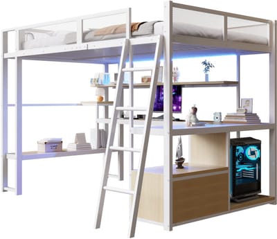 REDOM Hoogslaper – Met bureau & opbergruimte – LED-verlichting & laadstation – Metaal & MDF – Wit – 140 x 200 cm