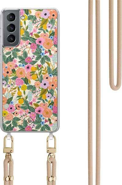 Casimoda® hoesje met koord - Geschikt voor Samsung S21 - Pink Garden - Afneembaar koord - TPU/polycarbonaat - Roze