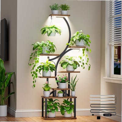 Sierra, plantenstandaard voor binnen met kweeklampen, plantenrek van 157,5 cm hoog, verlicht hoekrek voor planten, voor binnenteelt, 8 lagen, groot, S-vormig, decoratief, rek voor woonkamer, zwart
