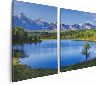 Artaza Canvas Schilderij Tweeluik Meer Bij De Bergen In Het Bos - 120x80 - Foto Op Canvas - Canvas Print