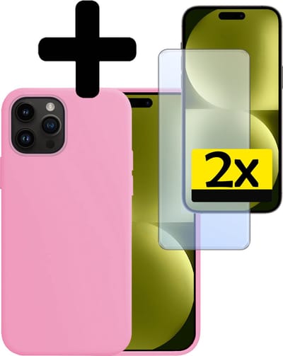 Hoesje - Met 2x Screenprotector - Geschikt voor Apple iPhone 15 Pro - Sterk & Shockproof - Back Cover - Siliconen Case - Telefoon Hoes - Telefoonhoesjes - Lichtroze