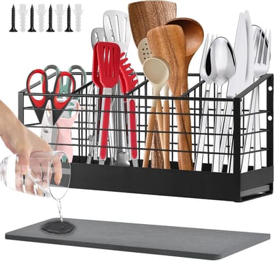 Praktische keukengerei houder voor werkblad of wandmontage, 4 compartimenten, grote bestekhouder met tray, ideaal voor keukenorganisatie en ruimtebesparing