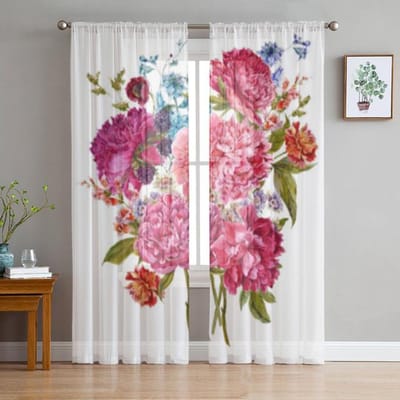 Roze Roos Vintage Tule Raamgordijn Voor Woonkamer Modern Transparant Gordijn Voor Slaapkamer Keuken Gordijnen Op Maat 135W x 114H(cm)