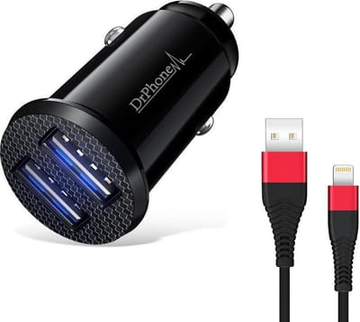 DrPhone Invisible 5V 2.4A - 10W Mini Lader met dubbele USB - Auto Oplader + 1.2 Meter Lightning 2.4 Nylon Gevlochten Oplaadkabel