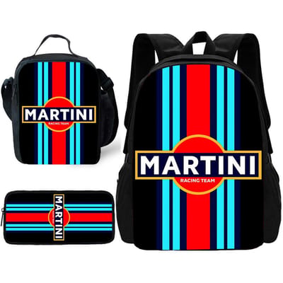 Racing M-MartiniS S-StripeS Kinder Schoolrugzak met Lunchtassen, Etui's, Schooltassen voor Jongens Meisjes Beste Cadeau