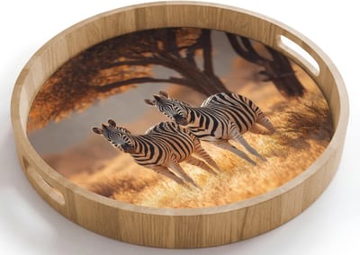 Dienblad rond 40x40 cm - Schootdienblad hout - Zebra's - Savannelandschap - Gras - Borrelplank rechthoek - Plateau houten dienbladen