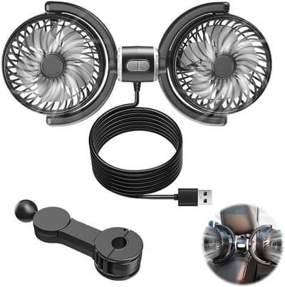 Ventilator voor de achterbank, 5V 2A USB-ventilator met dubbele kop, 3 snelheden, verkoelende ventilator voor de achterbank, draagbare stoelventilator, 360 graden draaibaar, geschikt voor SUV's, campers, vrachtwagens en andere voertuigtypen.