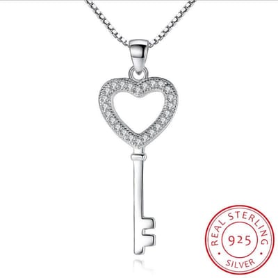 Collier avec pendentif en forme de cœur et clé en cristal de zircone cubique en argent sterling 925 pour femme, chaîne de 45 cm, cadeau idéal, S-N74 gray