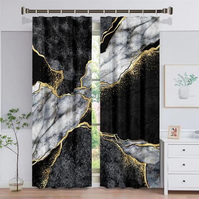 Moderne Zwarte Gald Marmer Textuur Scheur Dunne 2 Stuks Lichtfilterend Gordijn voor Woonkamer Slaapkamer Huis Raam Draperie Decor 50W130H(CM) 2PCS&Grommet Top gray