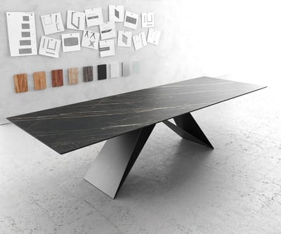 Eettafel Edge Laminam® keramiek bruin 300x100cm V-middenvoet zwart