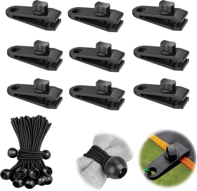Dekzeilclips 10 Stuks - Tentclip Luifelclip - Campingluifelclip - Met 10 Spanelastiek - Tentspanners Met Bal - Zeilklemmen - Dekzeilclip Dekzeilclip - Outdoor Activiteitenclip Luifel - Klemmen Voor Bootzeil/Zeil/Spandoeken - Zwart - Profi
