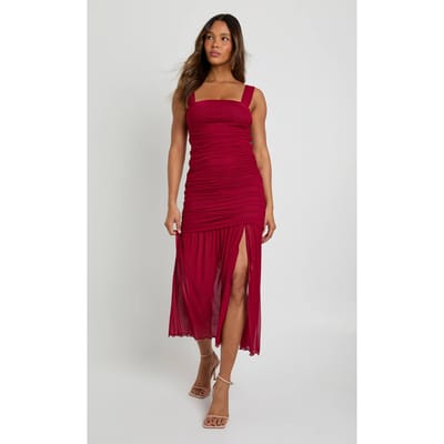 boohoo Dames Mesh Vierkante Halslijn Drop Waist Midaxi Jurk | Burgundy | Maat: 8