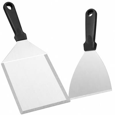 Professionele Plancha Spatel Set - 2 stuks RVS Barbecuespatels met Houten Handgreep - Multifunctionele Bakplaat Schraper voor Burgers, Steaks & Teppanyaki - 23 cm/31.3cm- Zilver / Zwart