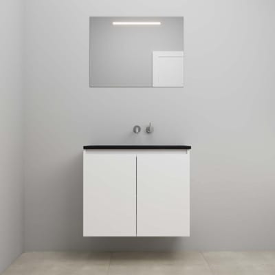 On-Line Badkamermeubelset - 80 cm - Bouwpakket - Greeploze Ladestructuur - Acryl Wastafel - zonder Kraangat - Spiegel met LED-Verlichting - Hoogglans Wit