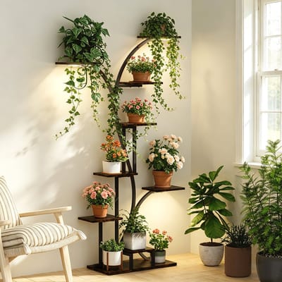 unho Plantenstandaard met Groeilamp - 8 Lagen - Houten Plantenrek met LED - Ruimtebesparend - Bruin/Zwart - 165cm