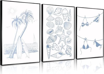 Set van 3 Kust Muurkunst Posters - Blauwe Zeeschelp & Bikini Esthetisch Decor