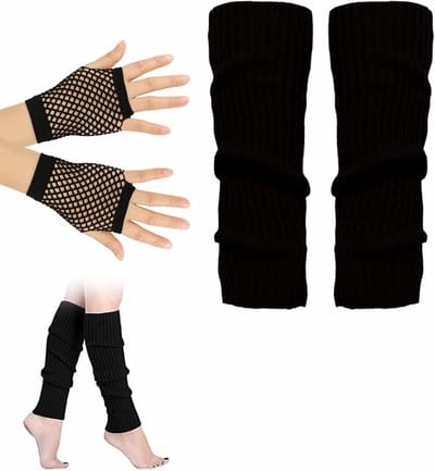 Legwarmers en Net Handschoenen voor een 80s Kostuum - Zwarte Knitted Leg Warmers en Visnet Handschoenen, Perfect voor Feestjes en Wintermode, One Size