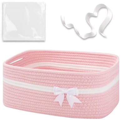 Opbergmand, 34,5 x 25,5 x 15 cm, stoffen mand met handgrepen, lege geschenkmand, katoenen organizer voor handdoeken, voor badkamer, slaapkamer, kinderkamer, woonkamer, roze