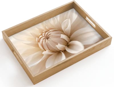 Dienblad hout 40x30 cm - Schootdienblad - Bloem - Dahlia - Wit - Borrelplank rechthoek - Plateau dienbladen