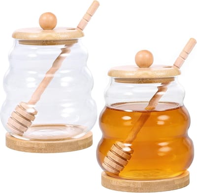 Glazen honingpot 15oz - Met deksel en roerstaafje - Antislip onderkant - Hittebestendig - Voor honing, jam en siroop