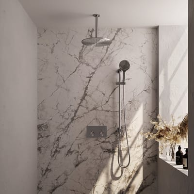 Brauer Brushed Edition thermostatische inbouw regendouche met drukknoppen SET 72 met 30 cm douchekop en plafondarm en 3-standen handdouche en doucheslang en geïntegreerde glijstang RVS geborsteld PVD